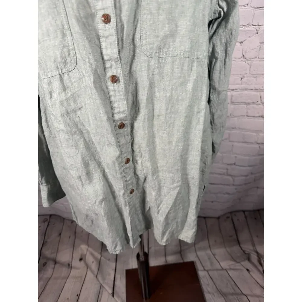 Land’s End Size Large Green Linen Long Sleeve Button Down Shirt Roll Tab - Picture 4 of 7
